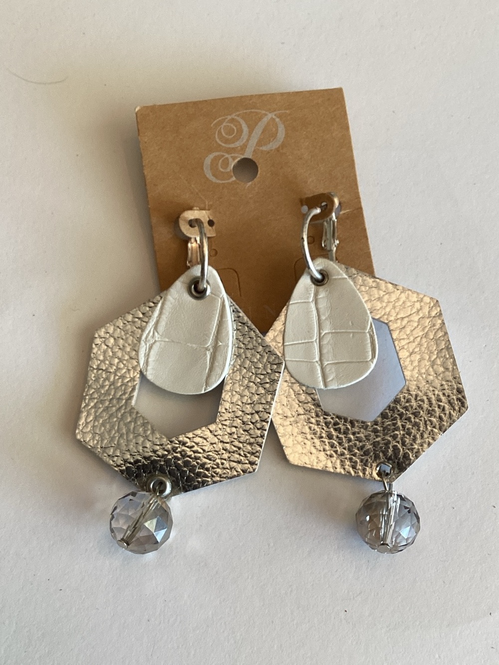 Plunder Silver-Tone Hexagon Dangle Earrings with White Croc Accent